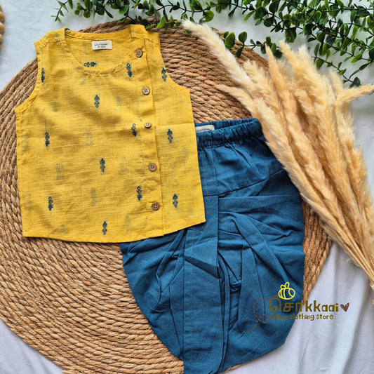 Yellow & Blue Butta Cotton Kids Dhoti Set (0-5yrs) - Sokkaai