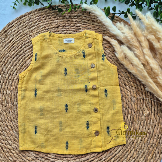 Yellow & Blue Butta side button sleeveless top (0-5years) - Sokkaai
