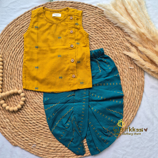 Mustard & Peacock Blue Cotton Kids Dhoti Set (0-3yrs) - Sokkaai
