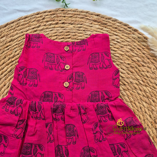 Magenta elephant printed Overlap Flared Girl Frock (0-3years) - Sokkaai