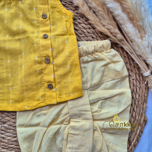 Yellow handloom & Stripes kids cotton dhoti set (0-5yrs) - Sokkaai