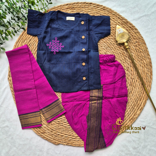 Mangalgiri Cotton Dhoti set - Royal Navy and Magenta (0-5years) Sokkaai