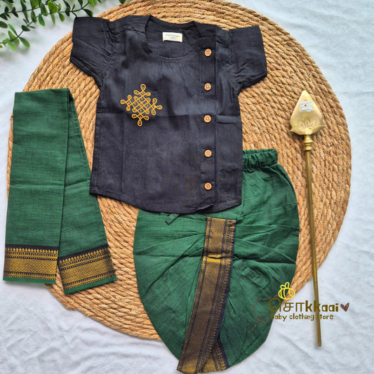 Mangalgiri Cotton Dhoti set - Royal Green and Black (0-5years) Sokkaai