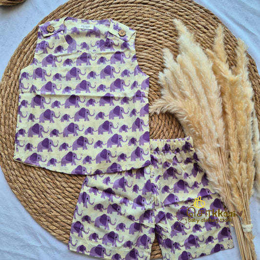 Purple elephant hand block cotton Coord Set (0-3years) - Unisex - Sokkaai