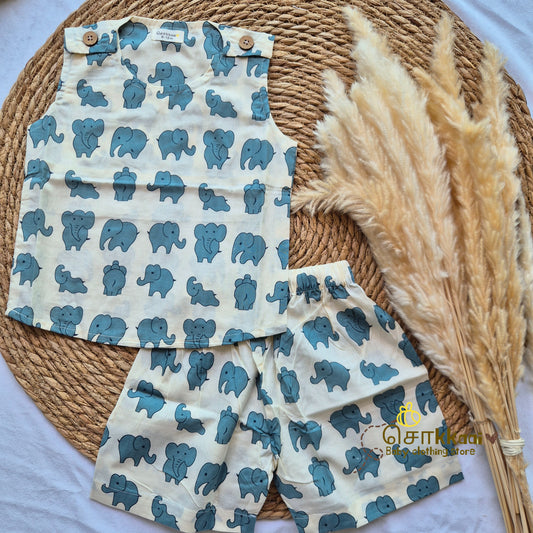Blue elephant printed cotton Coord Set (0-3years) - Unisex - Sokkaai