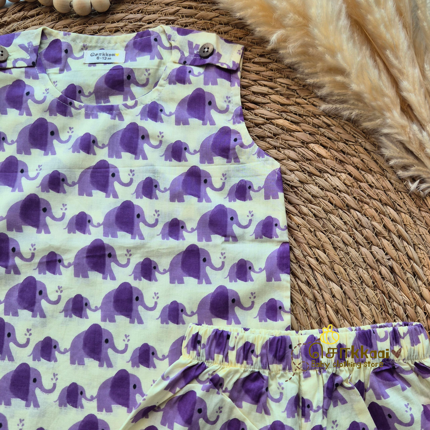Purple elephant cotton Coord Set (0-3years) - Unisex