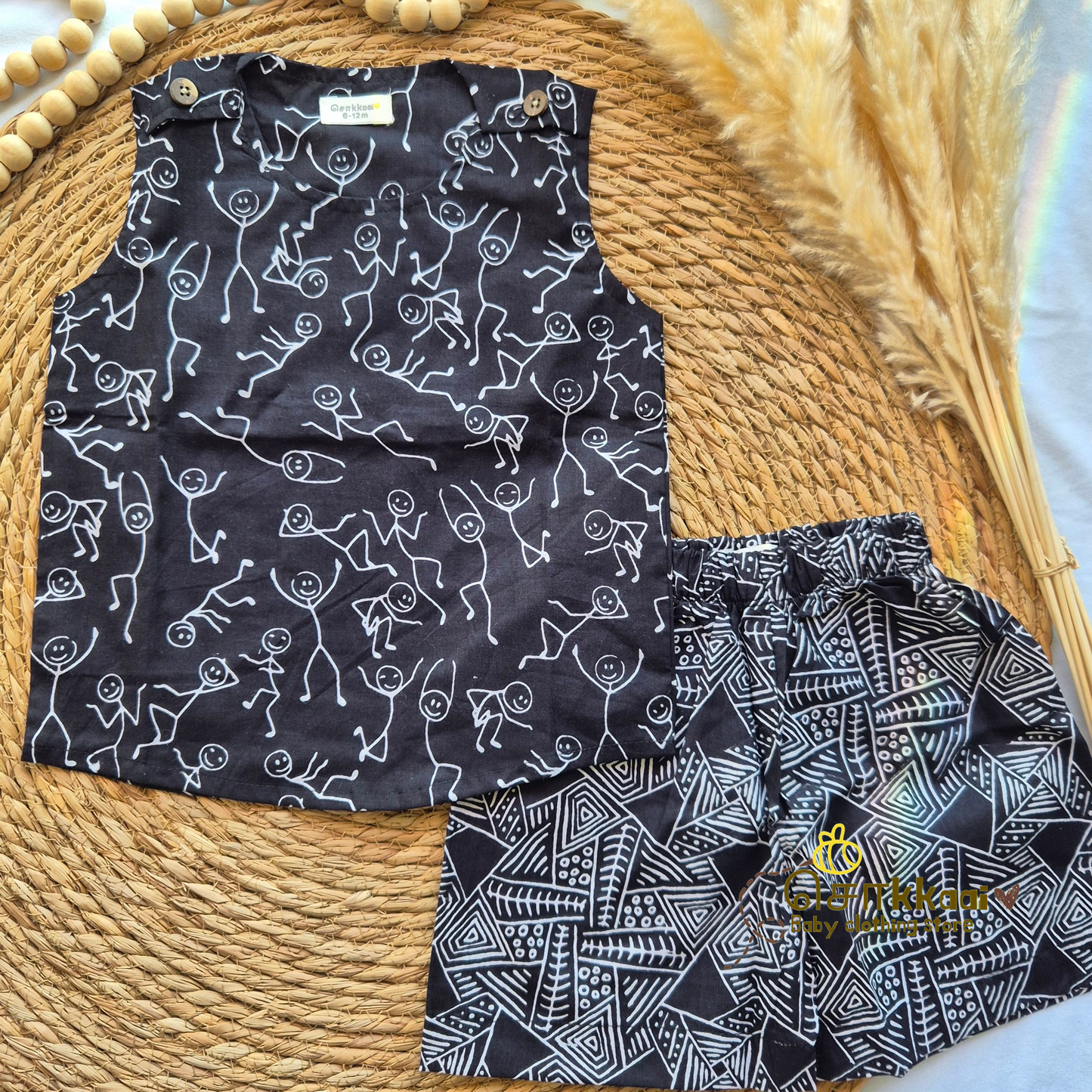 Black Stick man cotton Coord Set (0-3years) - Unisex