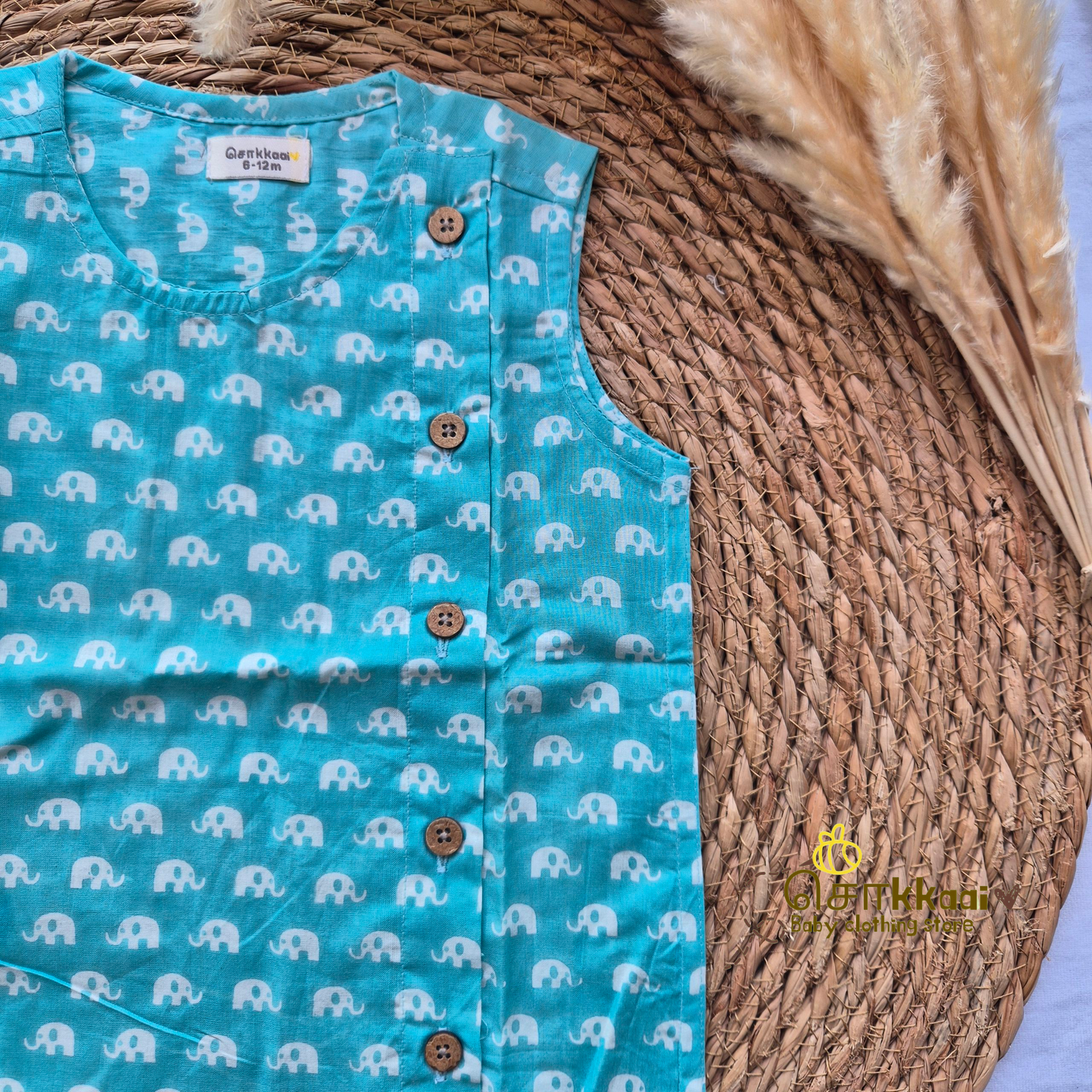 Aqua blue elephant cotton Side Button Jablas (0-3years)