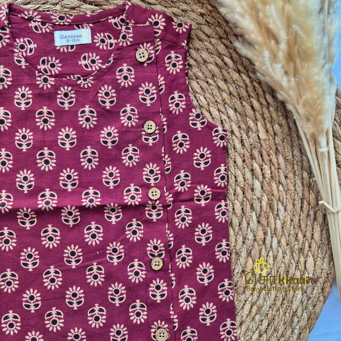 Maroon floral handblock cotton Side Button Jablas (0-3years)