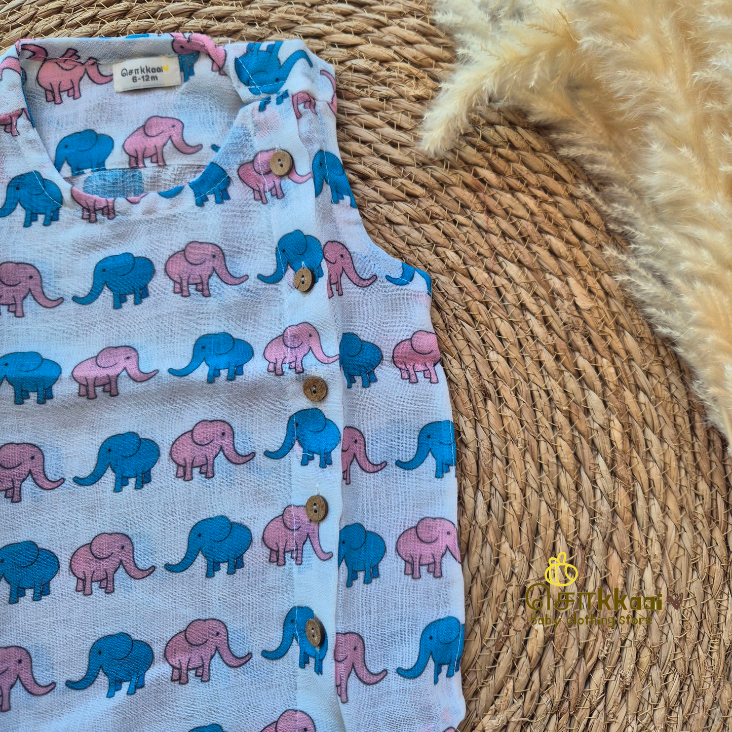 Pink & Blue elephant mix cotton Side Button Jablas (0-2years)