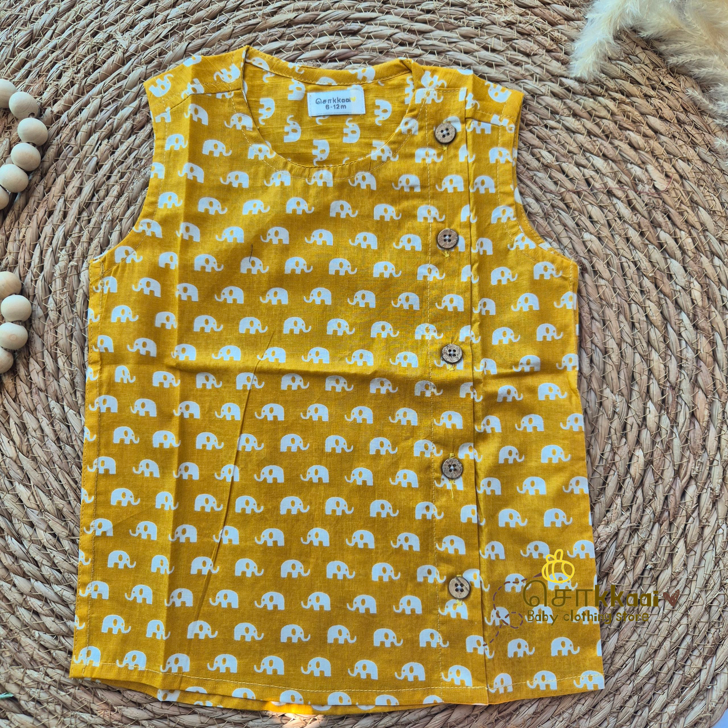 Yellow small elephant cotton Side Button Jablas (0-3years)
