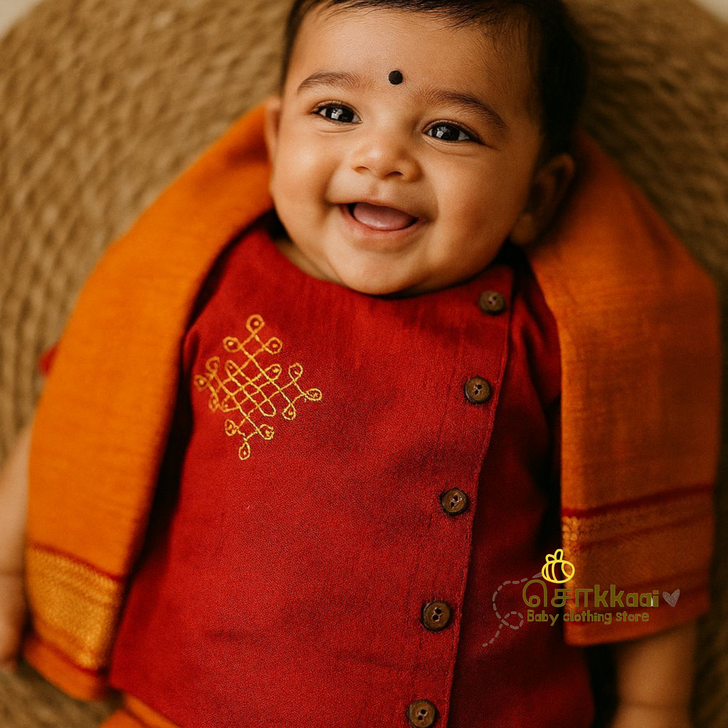 Mangalgiri Cotton Dhoti set - Red & orange (0-3years)