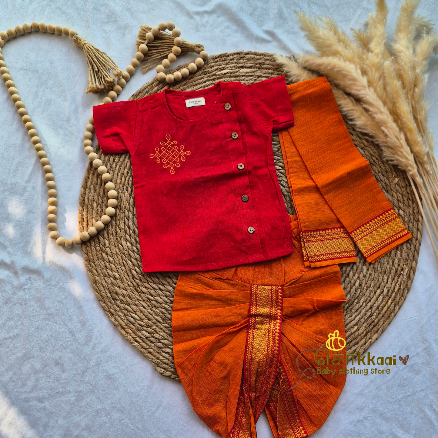 Mangalgiri Cotton Dhoti set - Red & orange (0-3years)