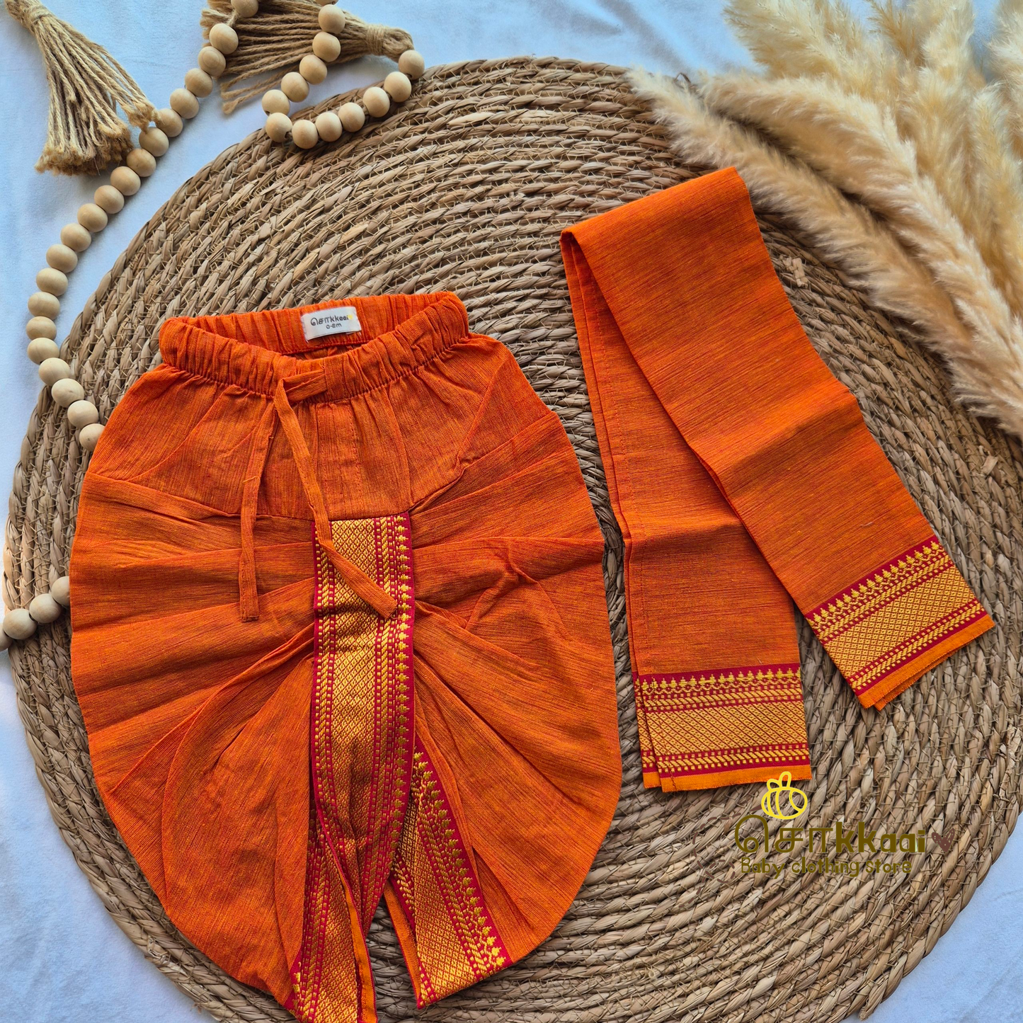 Mangalgiri Cotton Dhoti set - Red & orange (0-3years)
