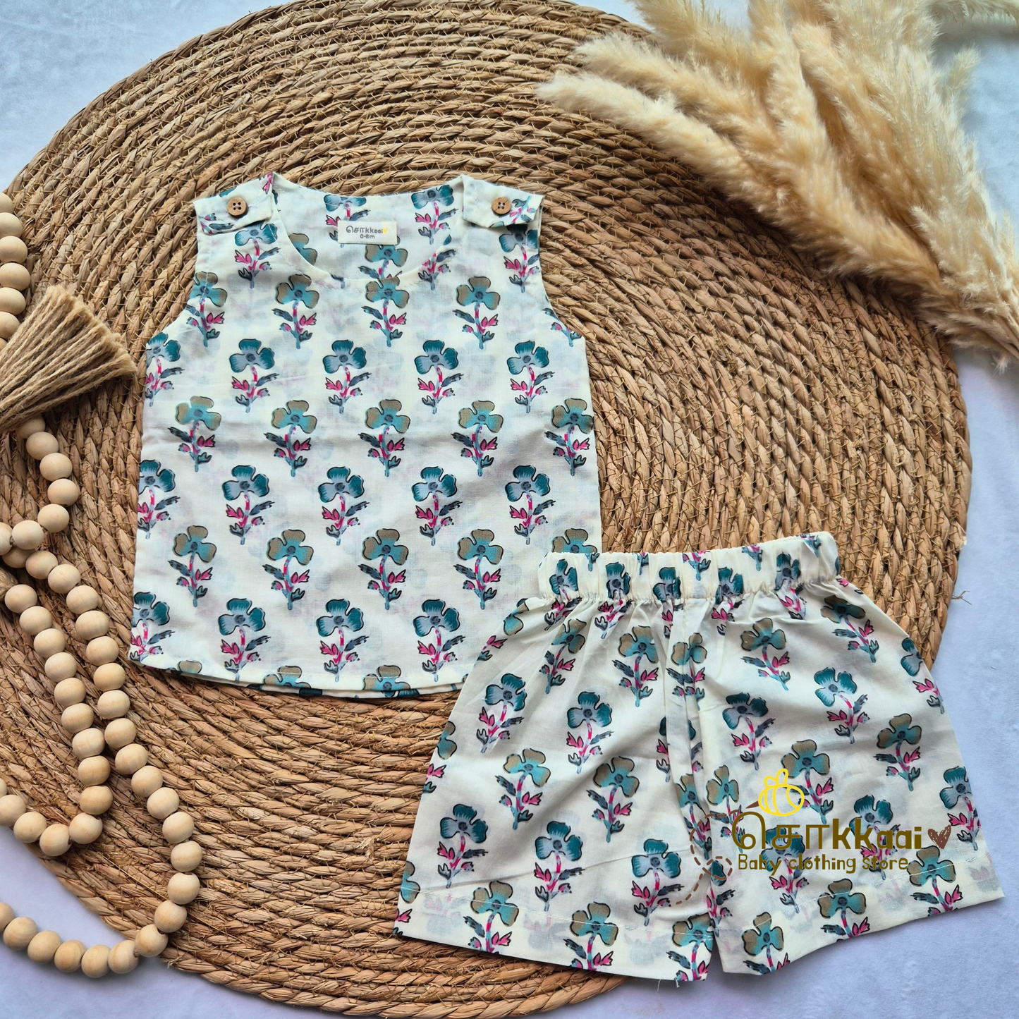Floral block printed cotton Coord Set (0-3years) - Unisex