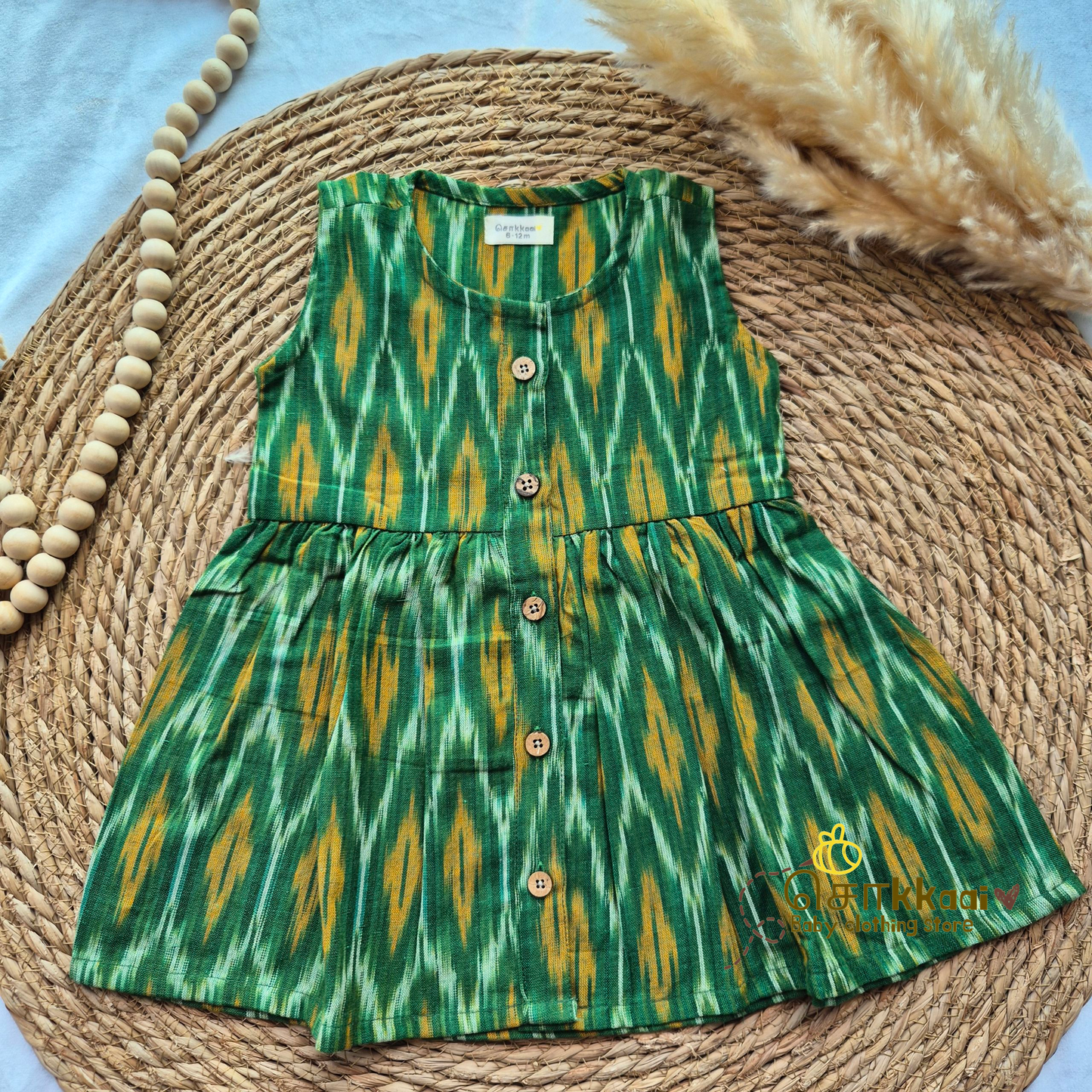 Green Ikkat - Centre Button Girl Frock (Newborn to 3years)