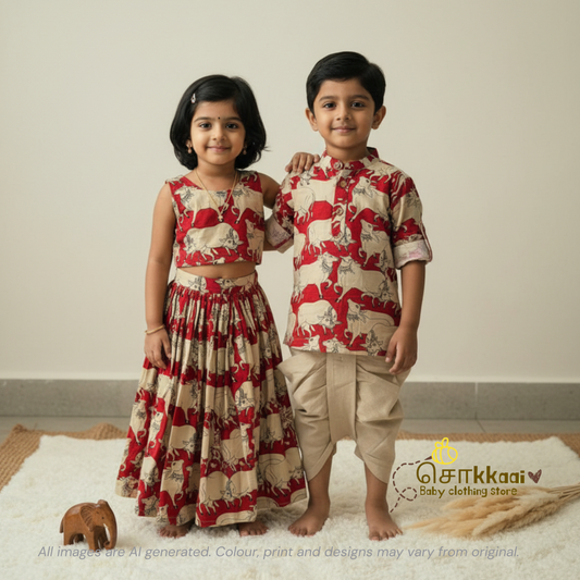 Red Pichwai Cow Cotton Kids Dhoti Set (0-5yrs) - Sokkaai