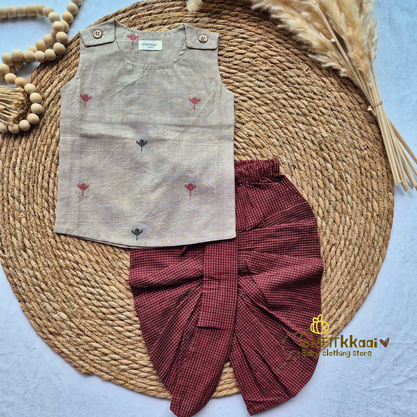 Classic Maroon with Lotus Twirl kids dhoti set (0-4yrs)