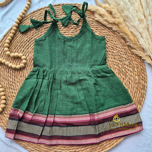 Green Temple Weave tassel tie single layer frock (0-3yrs) - Sokkaai