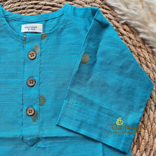 Aqua blue raw silk elbow sleeve kurta - (0-5years) Sokkaai