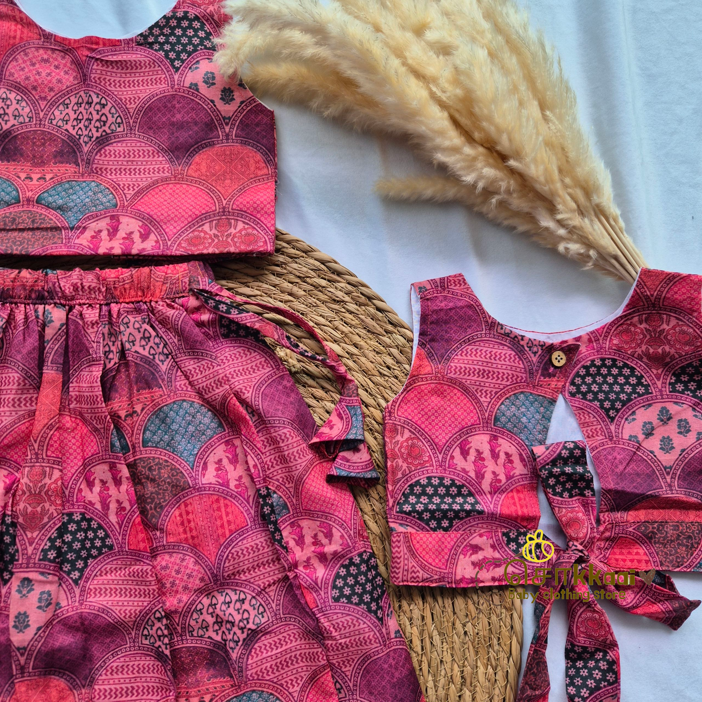 Pink Geometric Mix Cotton Skirt and top for Girls (1-4years)