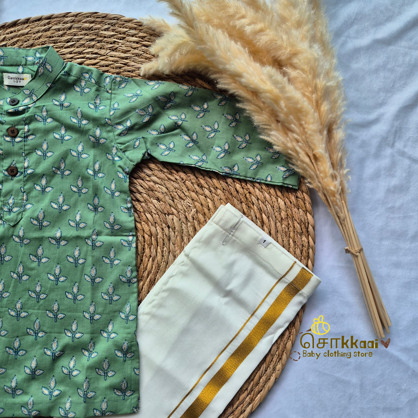 Mint Green floral Kids kurta with veshti (1 to 4years)