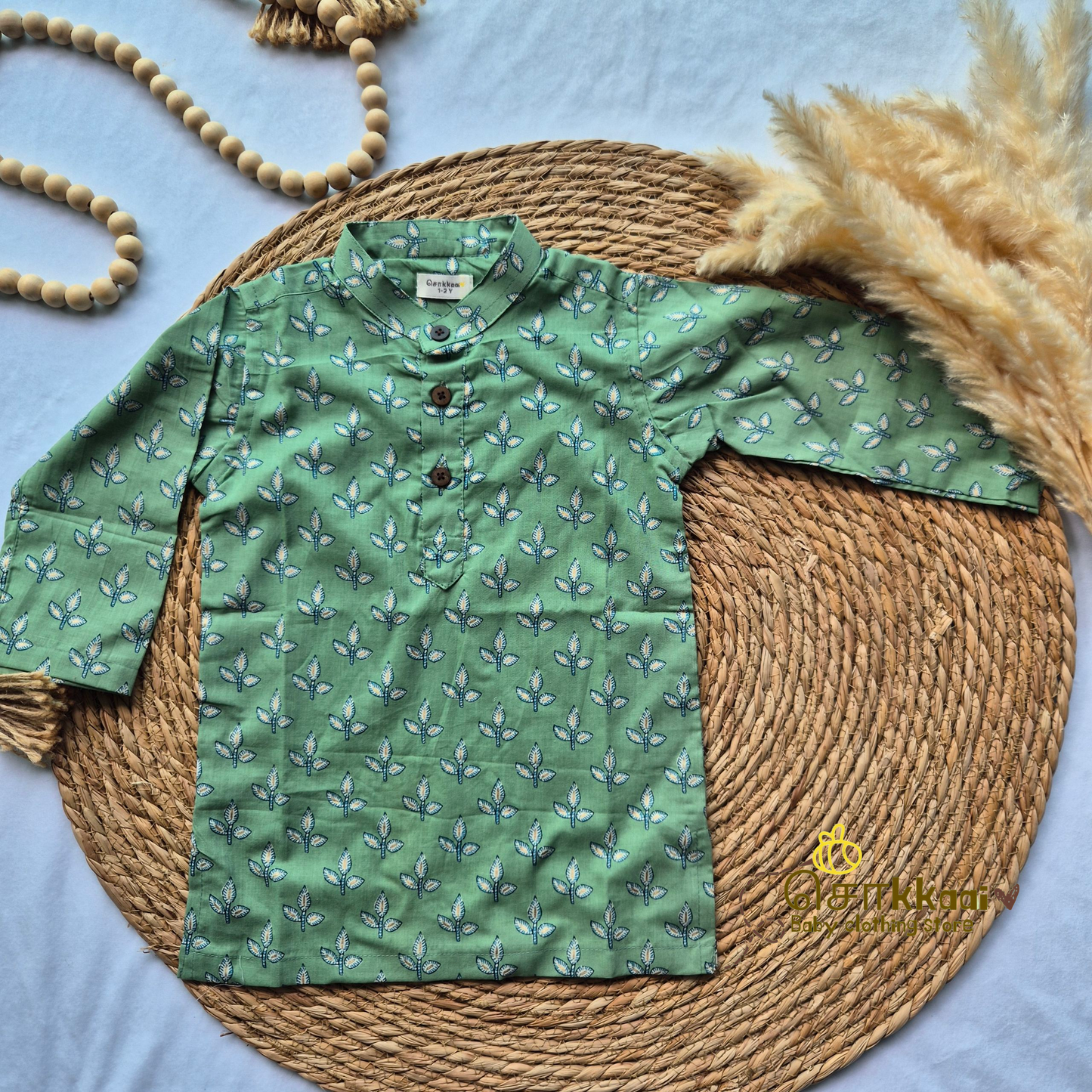 Mint Green floral Kids kurta with veshti (1 to 4years)