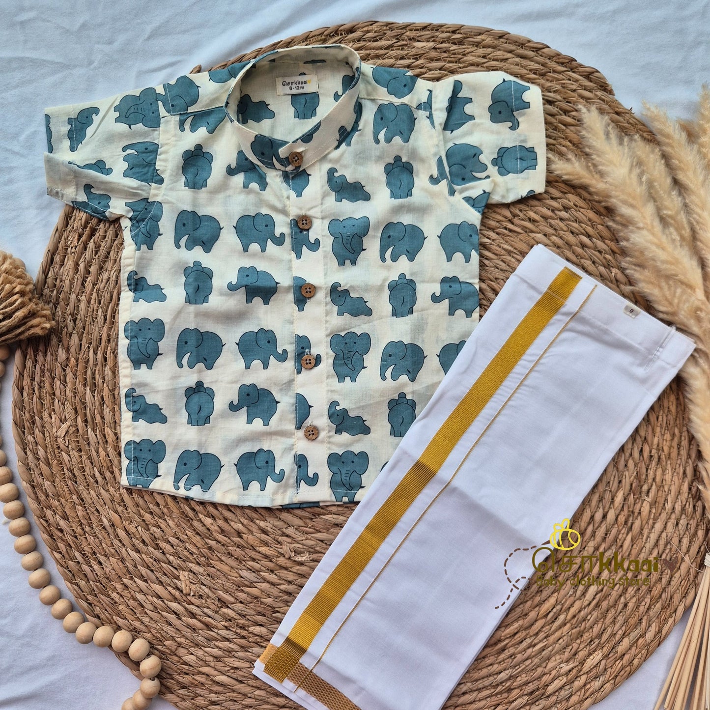 Blue small elephant cambric cotton Kids Shirt (6m to 5years) - Sokkaai