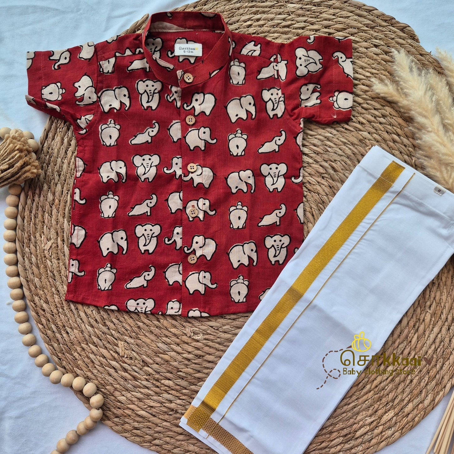 Red hand block elephant cotton Kids Shirt (6m to 5years) - Sokkaai
