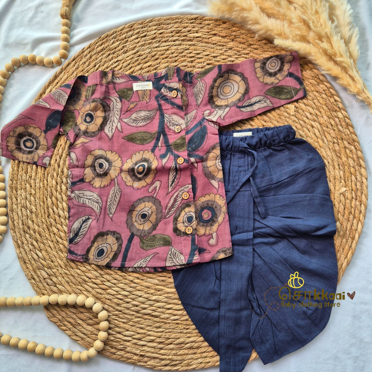Dusty plum floral & Navy kids cotton dhoti set (0-5yrs) - Sokkaai