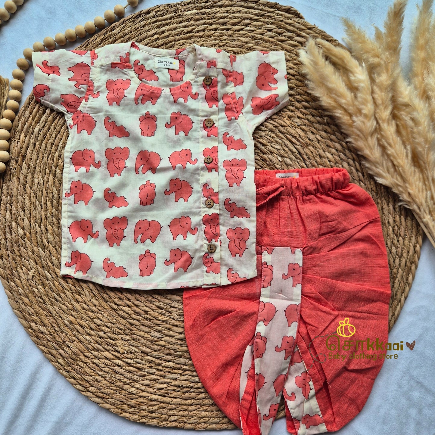 Peach elephant kids cotton dhoti set (0-5yrs) - Sokkaai