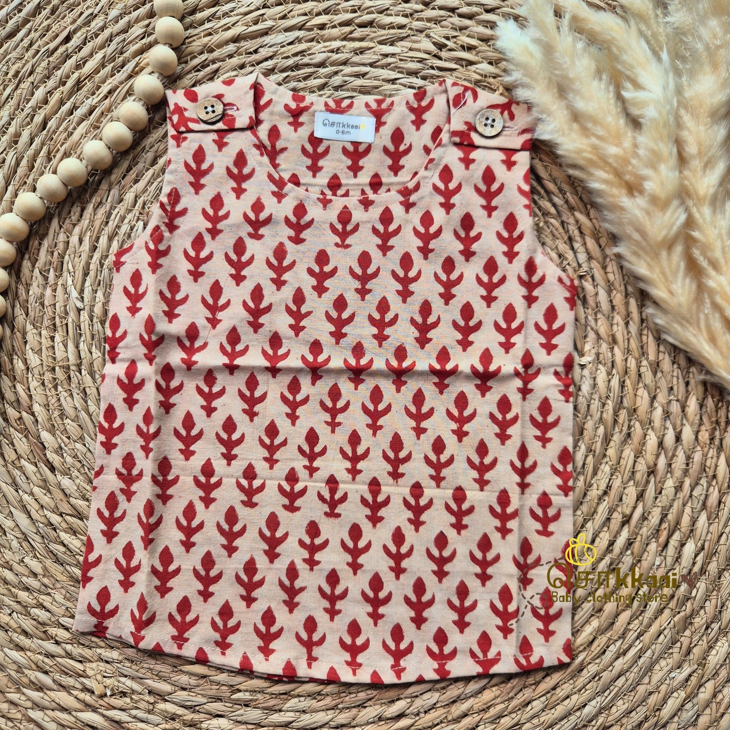 Red butta hand block kids cotton shoulder button tops (0 to 3years) - Sokkaai