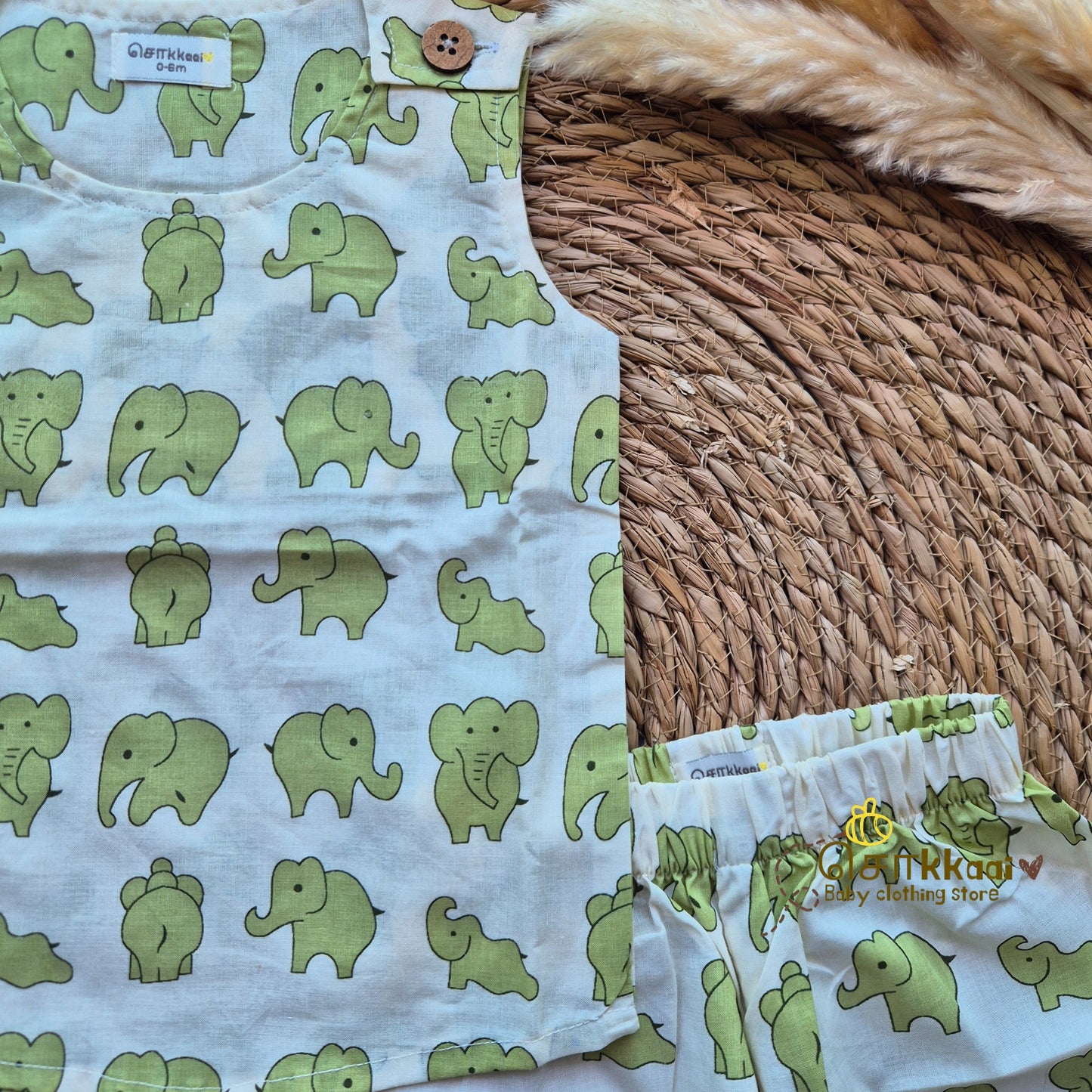 Light green elephant cotton Coord Set (0-3years) - Unisex - Sokkaai