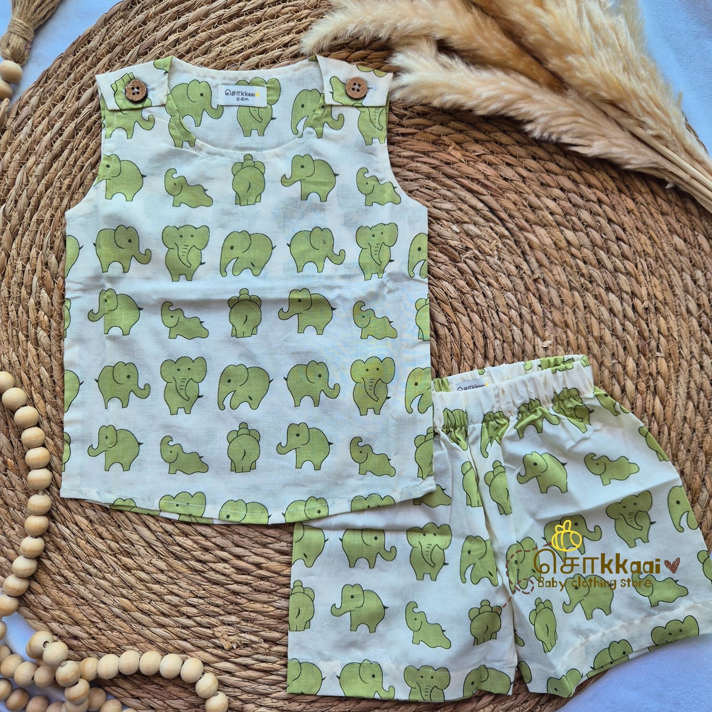 Light green elephant cotton Coord Set (0-3years) - Unisex - Sokkaai