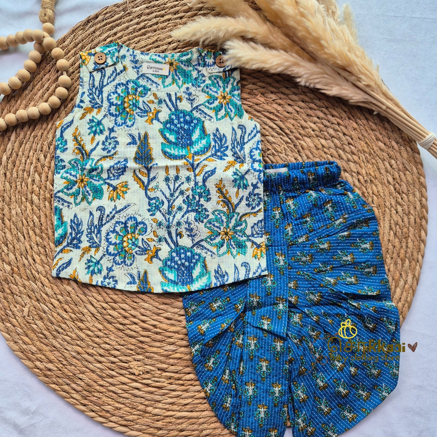 Floral with blue kantha cotton kids dhoti set (0-3yrs) - Sokkaai