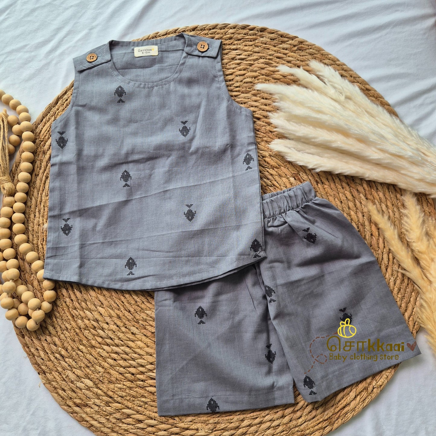Grey fish Cotton Unisex Coord Set (0-3years) - Sokkaai