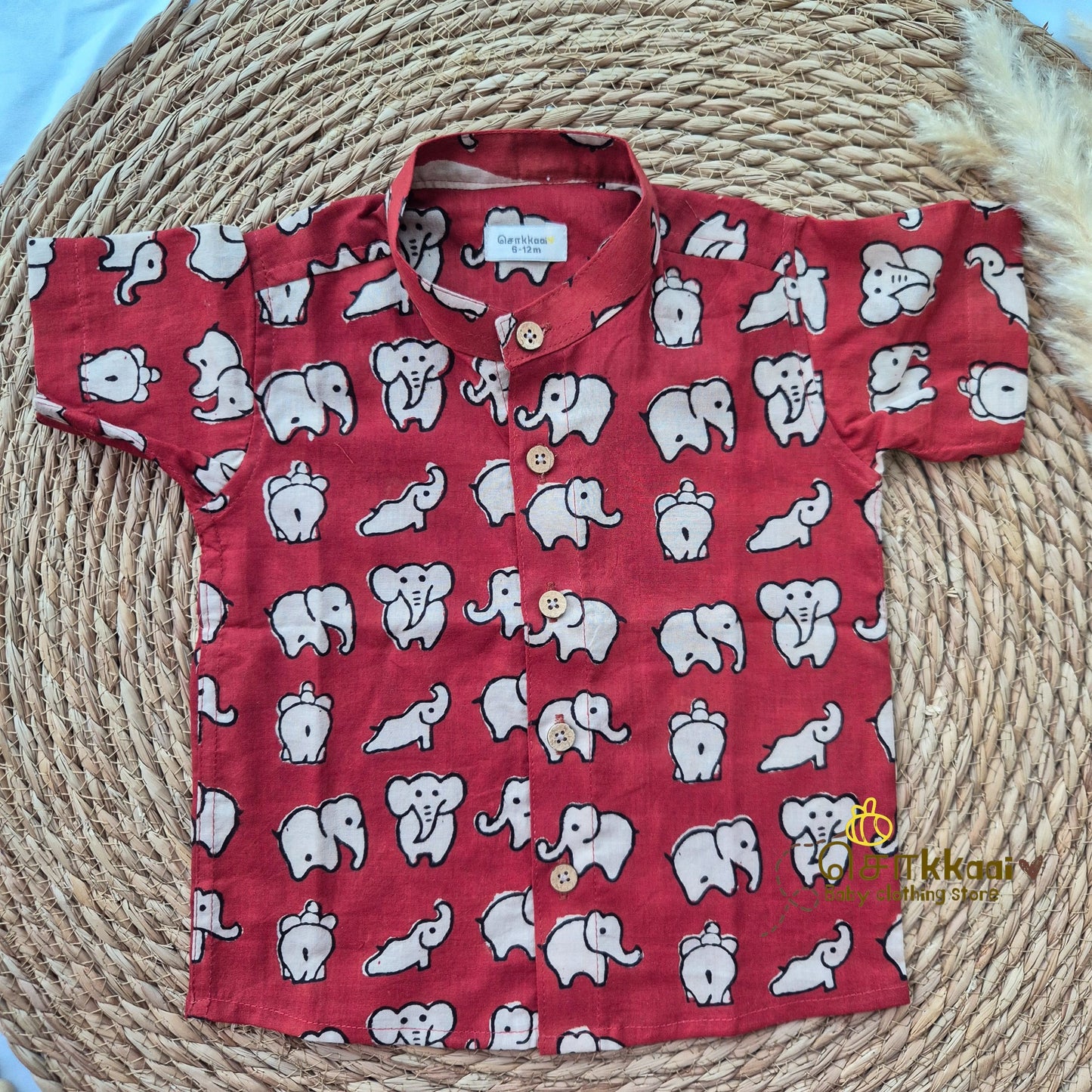 Red hand block elephant cotton Kids Shirt (6m to 5years) - Sokkaai