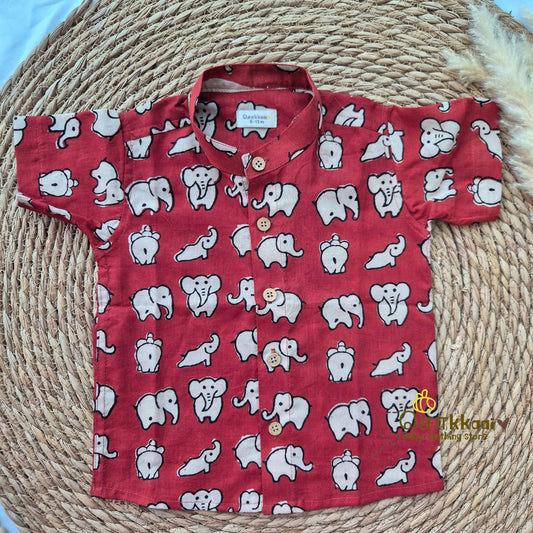 Red hand block elephant cotton Kids Shirt (6m to 5years) - Sokkaai