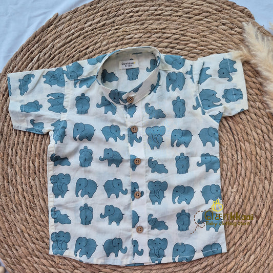 Blue small elephant cambric cotton Kids Shirt (6m to 5years) - Sokkaai