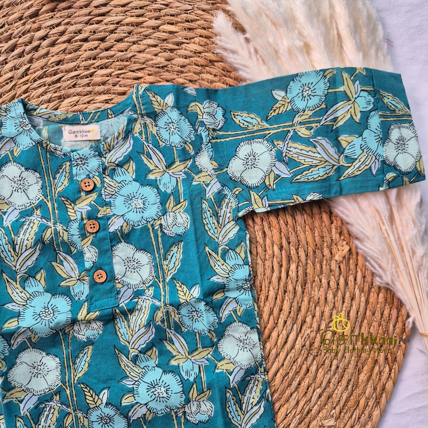 Teal floral Mid length kurta with elbow sleeve (6m-5years) Sokkaai