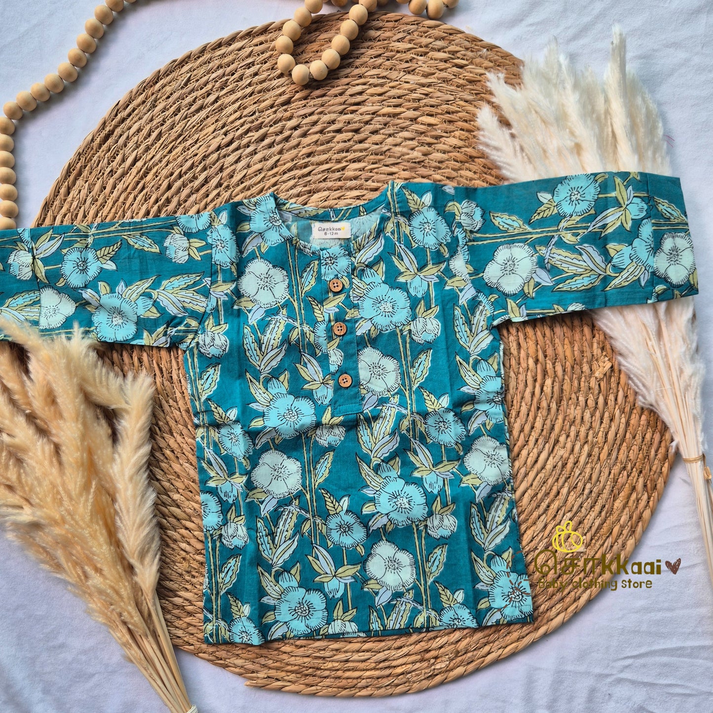 Teal floral Mid length kurta with elbow sleeve (6m-5years) Sokkaai