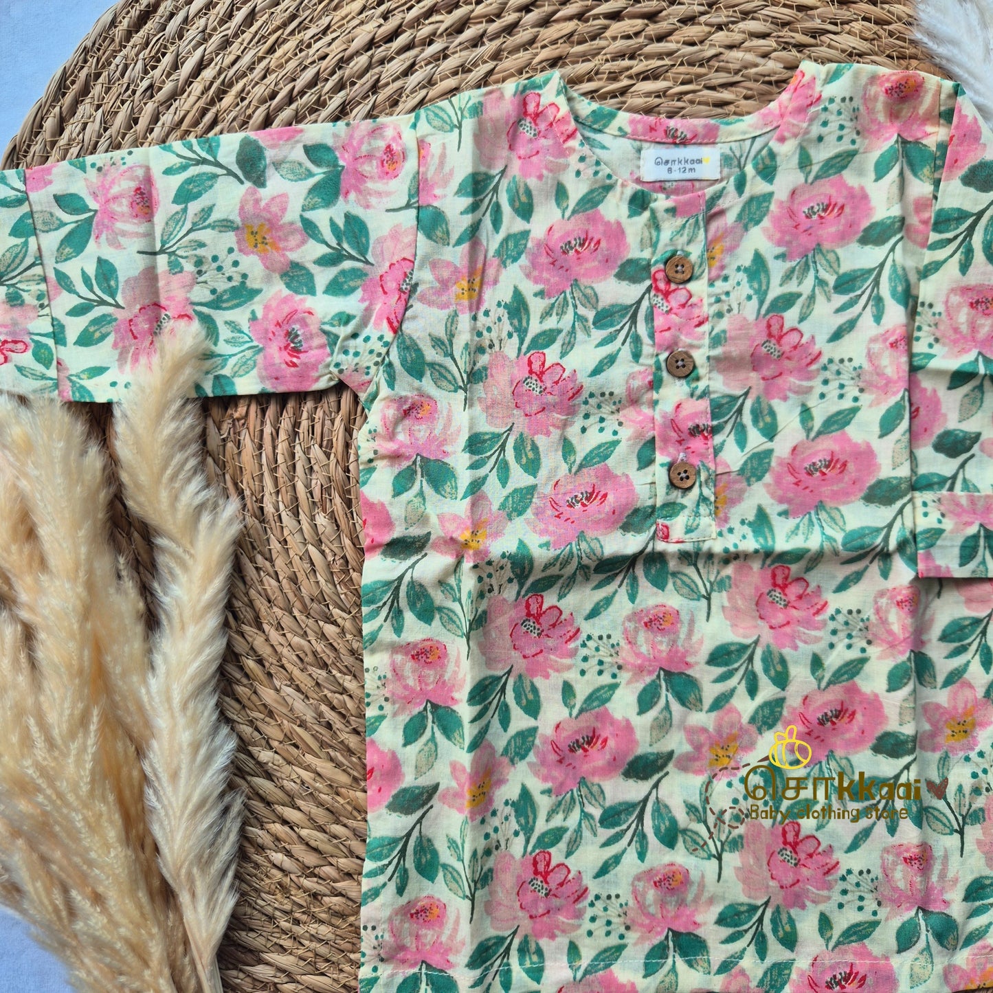 Pastel Pink floral Mid length kurta with elbow sleeve (6m-5years) Sokkaai