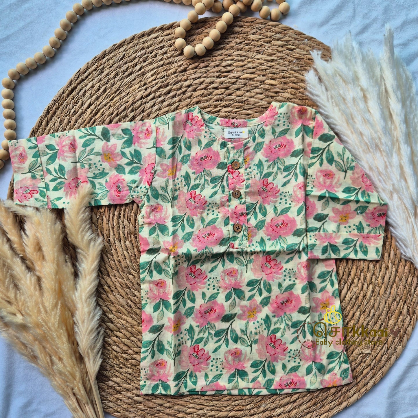 Pastel Pink floral Mid length kurta with elbow sleeve (6m-5years) Sokkaai