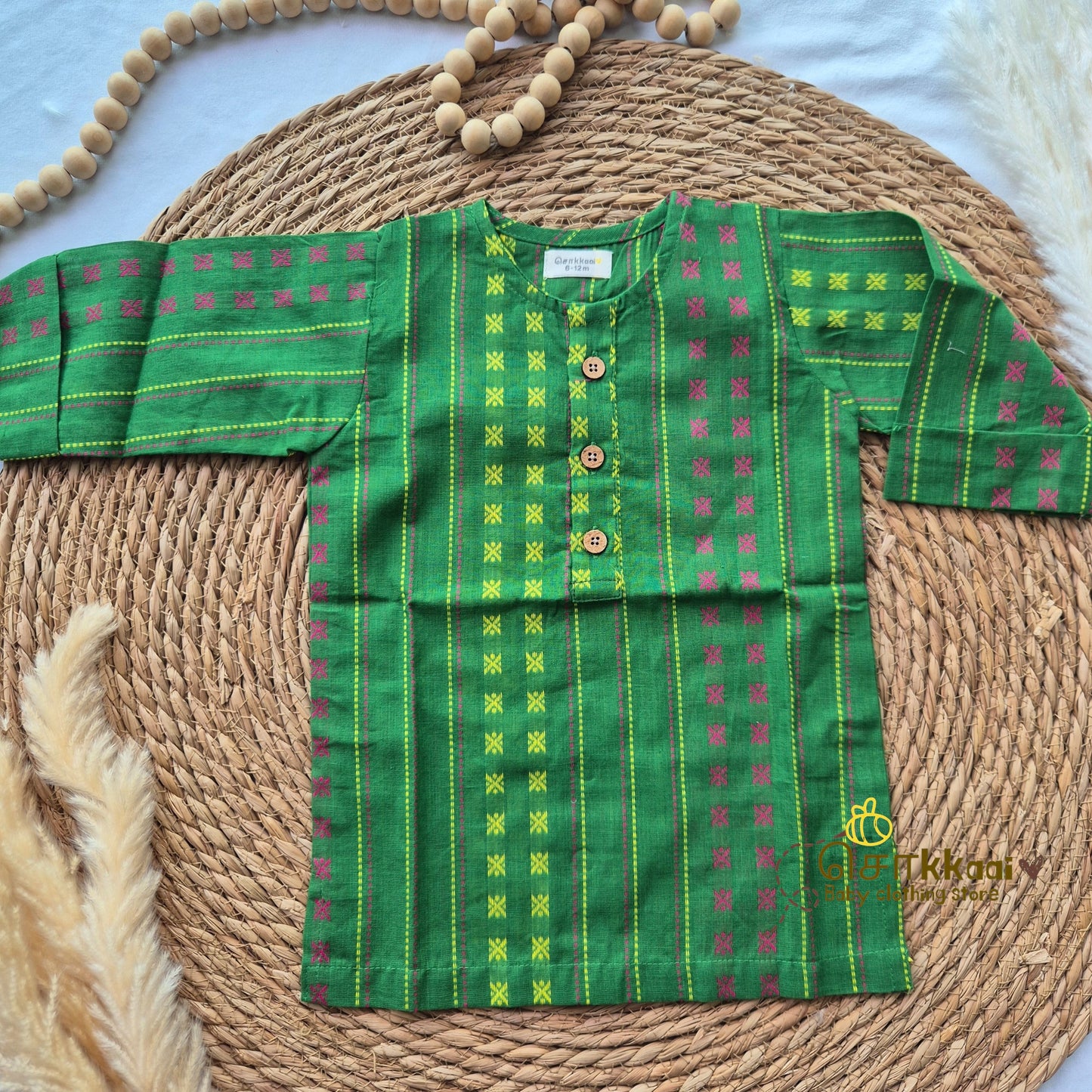 Green handloom Mid length kurta with elbow sleeve (6m-5years) Sokkaai