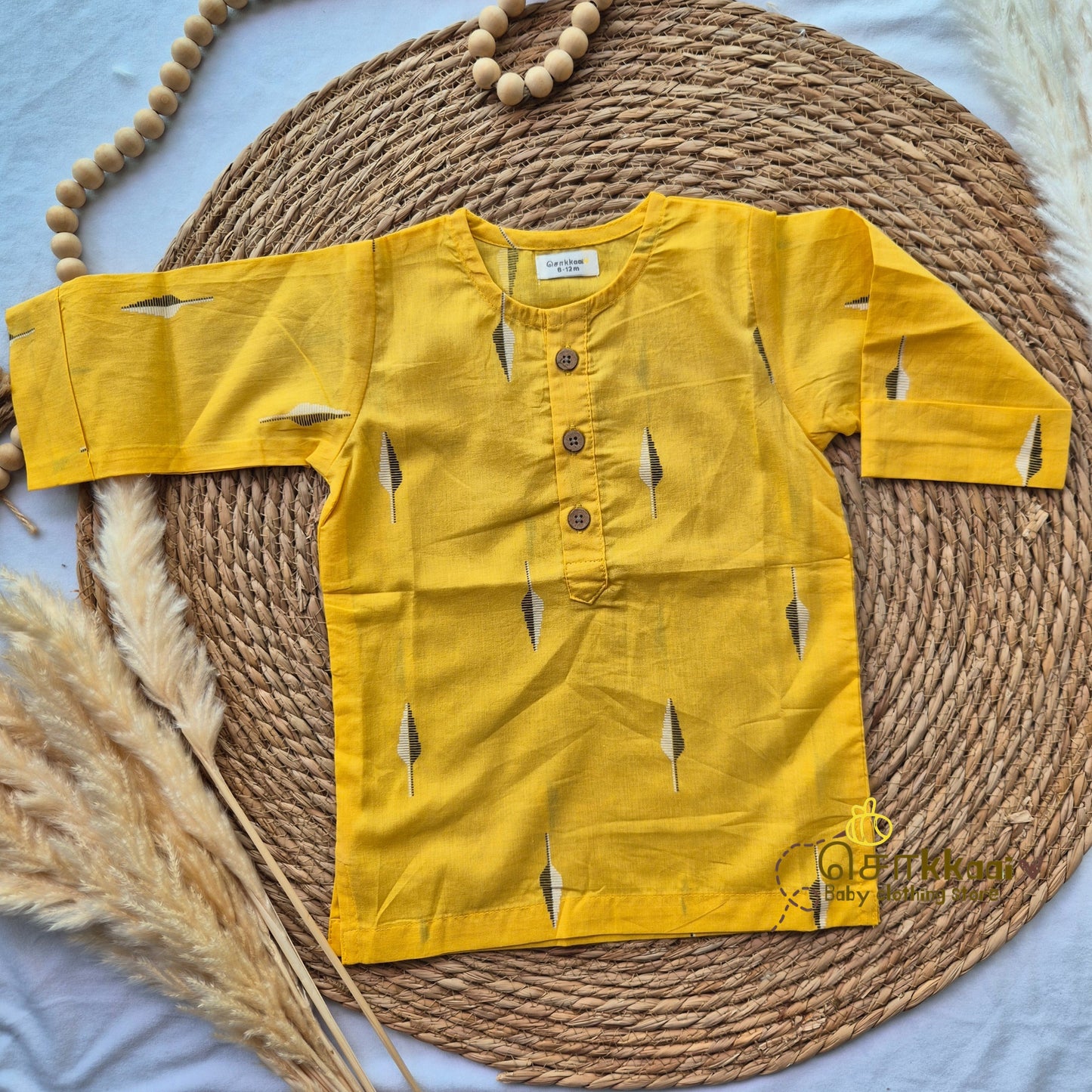 Yellow block print Mid length kurta with elbow sleeve (6m-6years) Sokkaai