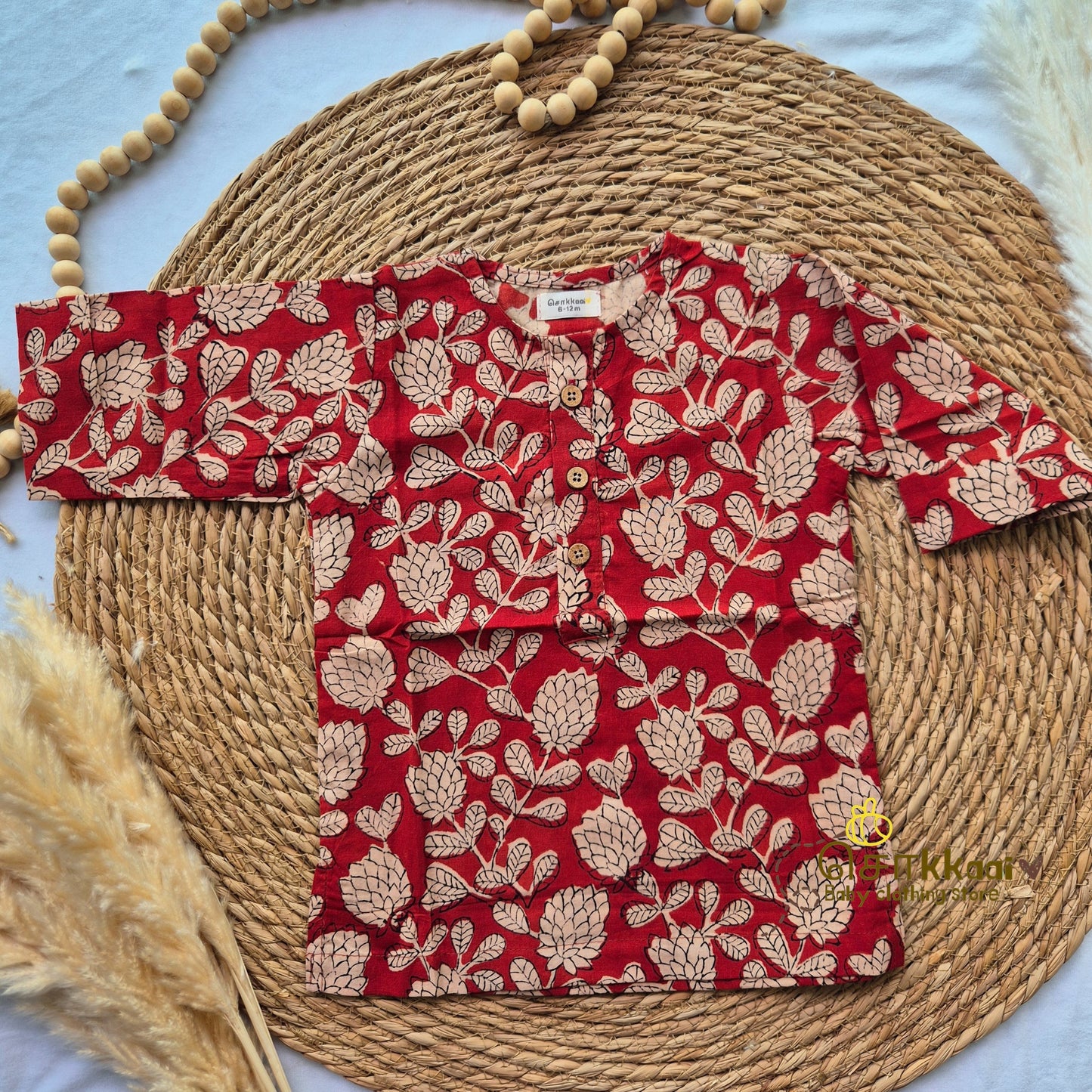 Red hand block Mid length kurta with elbow sleeve (6m-6years) Sokkaai