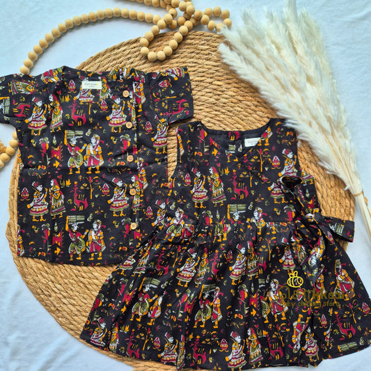 Black Kalamkari Overlap Flared Girl Frock - (0-3years) - Sokkaai