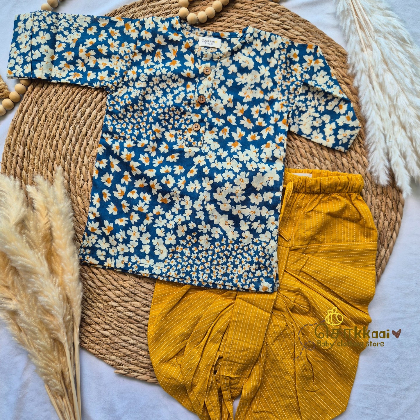 Blue wild bloom soft mul cotton kurta & Dhoti set(6m-5yrs) - Sokkaai
