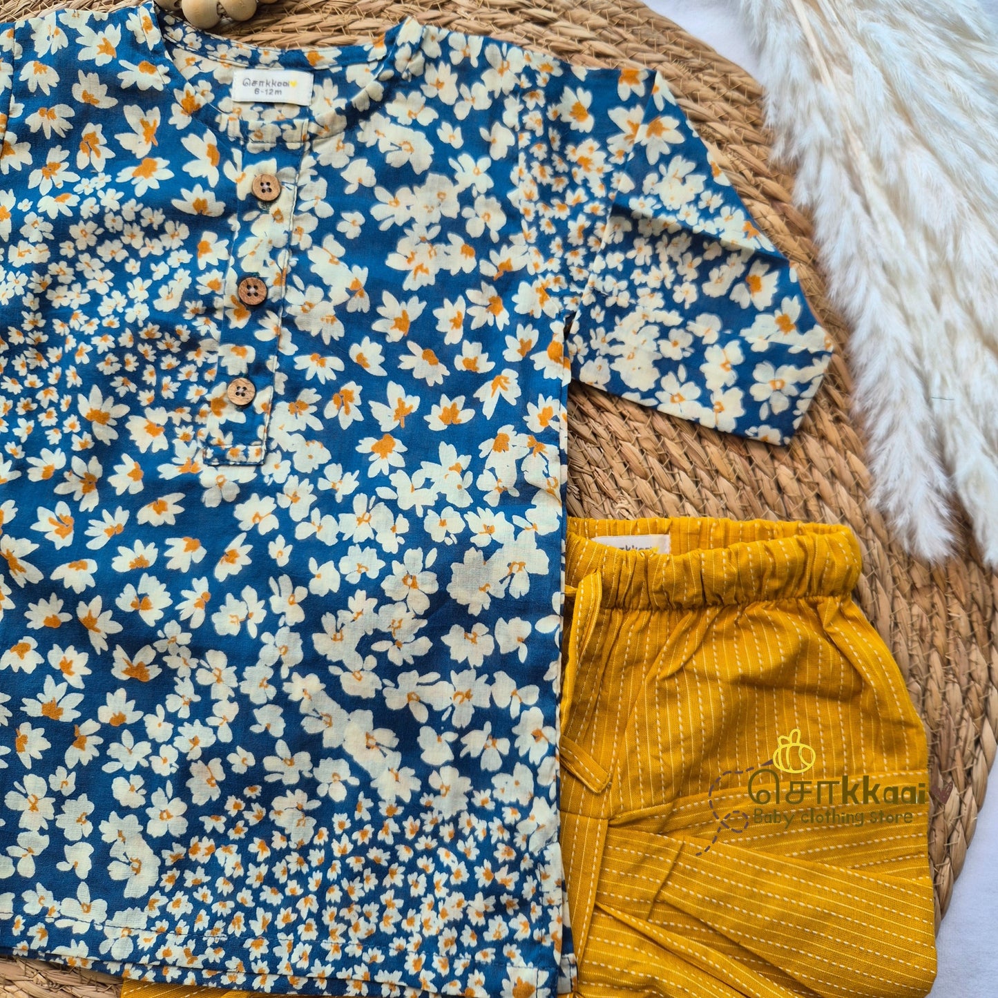 Blue wild bloom soft mul cotton kurta & Dhoti set(6m-5yrs) - Sokkaai