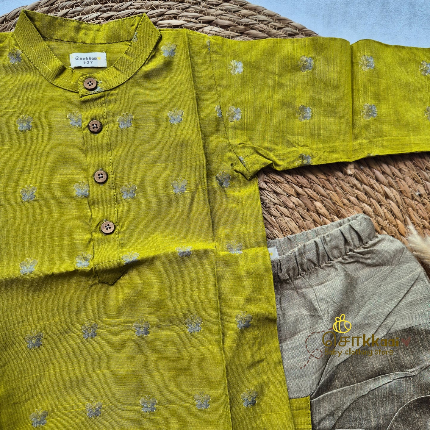 Lime green with antique beige raw silk dhoti set (1-5yrs) - Sokkaai